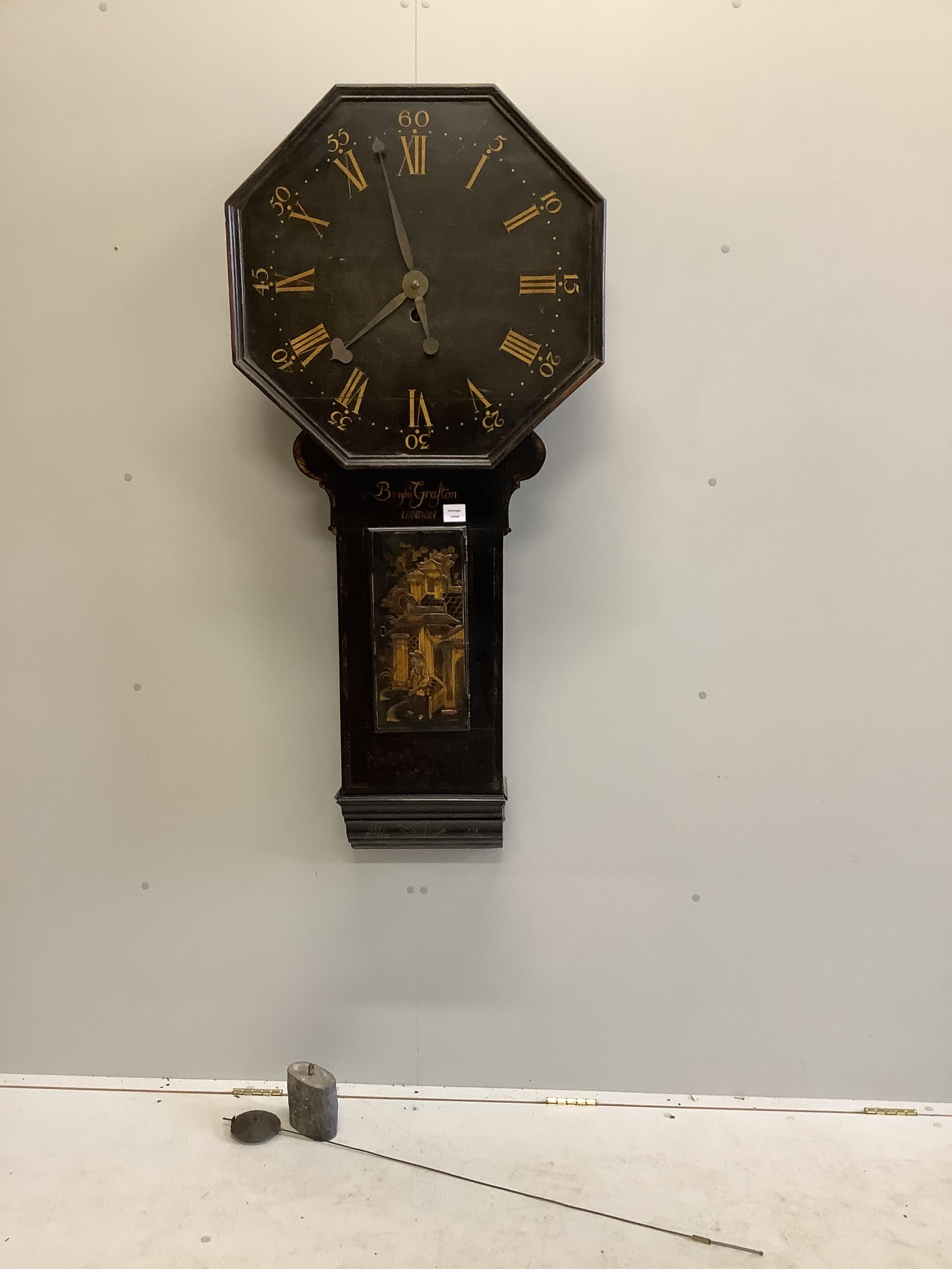 Benjamin Grafton, London, a chinoiserie lacquer tavern clock with octagonal dial, width 66cm, height 150cm